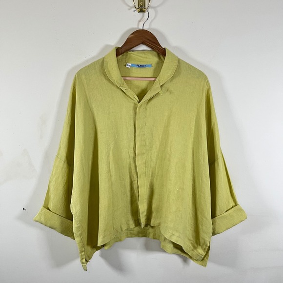 PLANET by Lauren G Tops - Planet By Lauren G Linen Chartreuse Green Signature Shirt Lagenlook USA Made OS